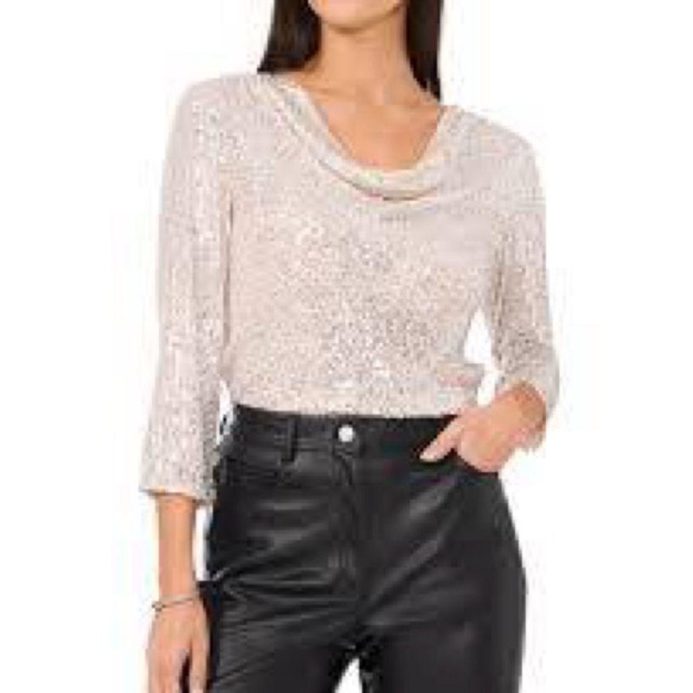 NWT Vince Camuto Women Sequined Cowlneck 3/4 Sleeve Twinkle Glow Champagne Silve